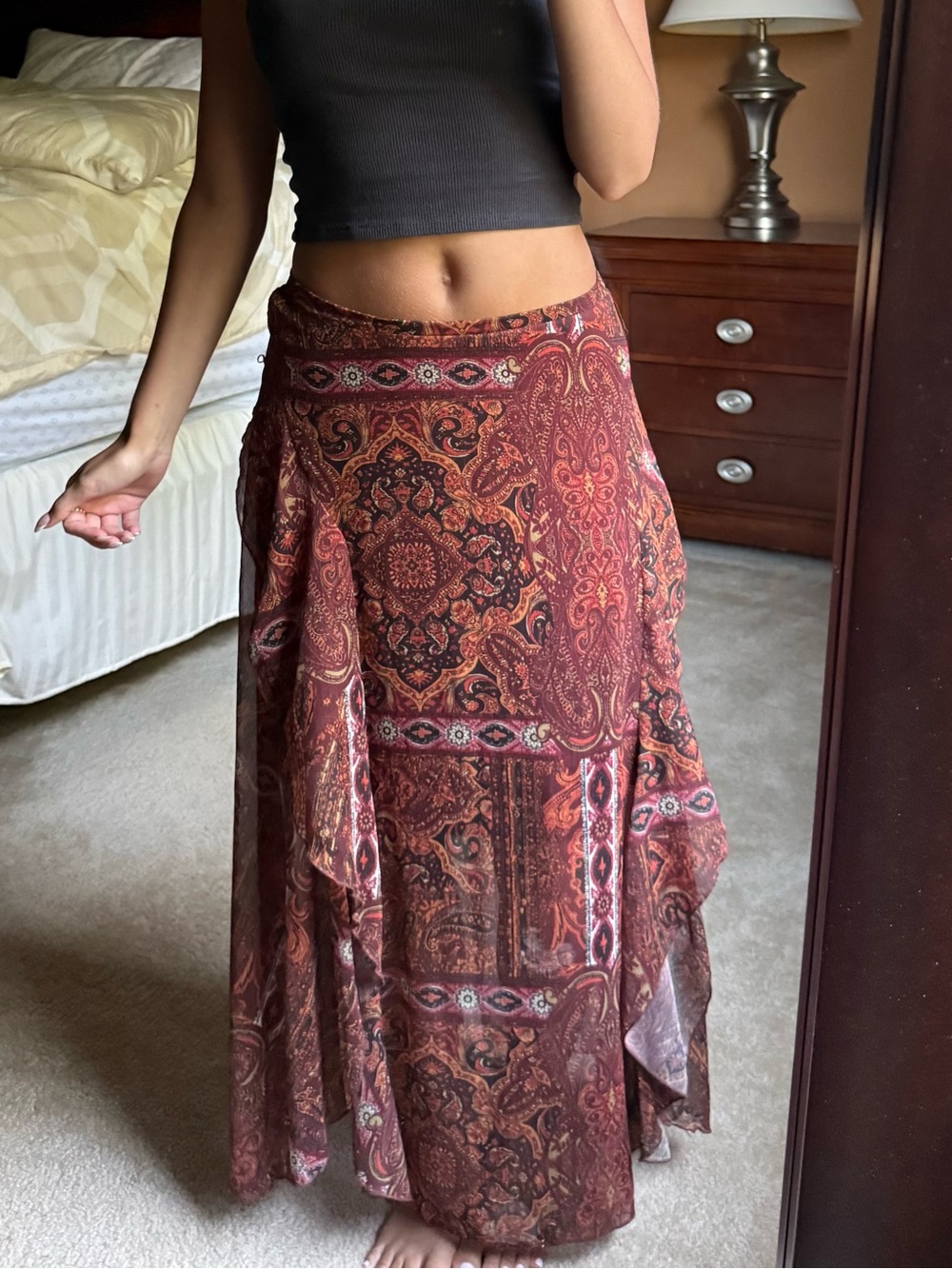 Rust Paisley Midi Skirt — Boho-Inspired Panel Design